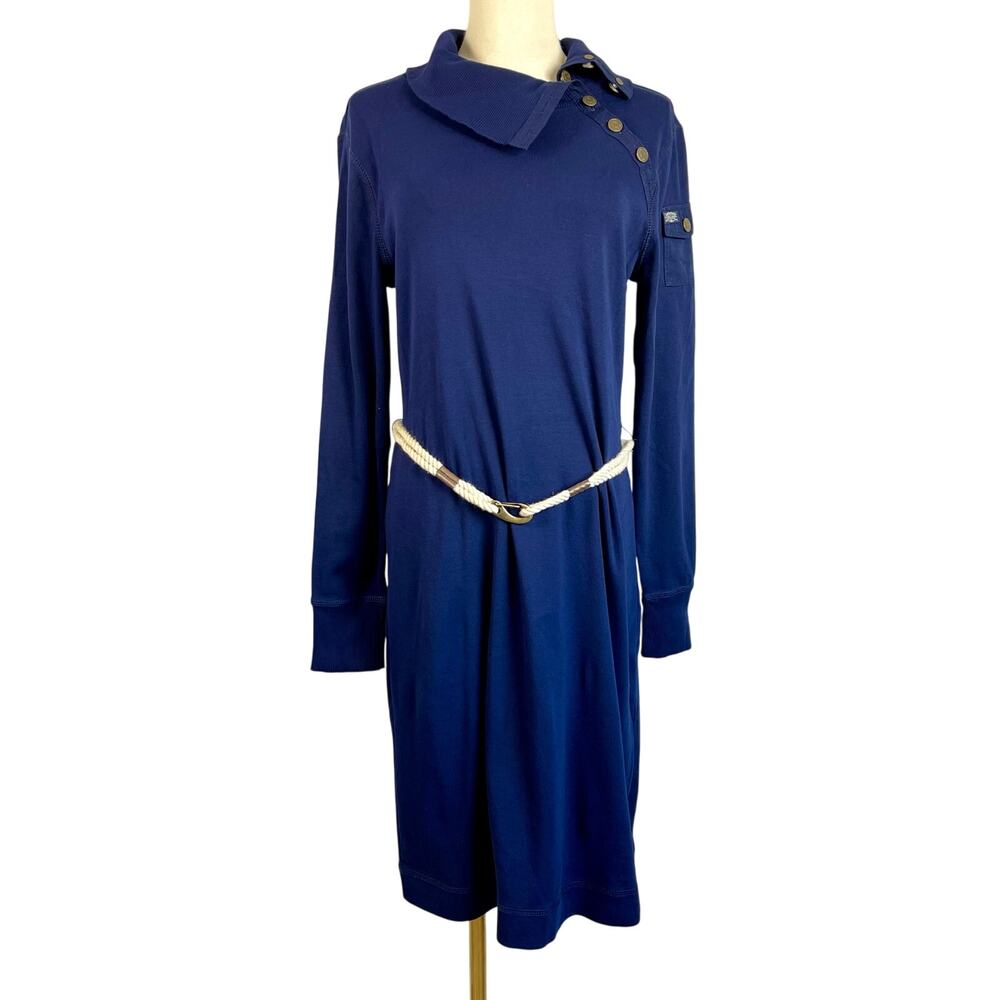Ralph Lauren Navy Cowl Neck Rope Belt Button Accent Nautical Knit Dress Medium